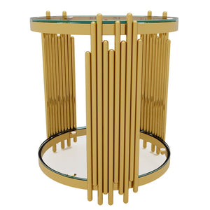 English Elm Modern Round Mirrored Glass End Table with Gold Metal Frame and Lower Display Shelf Transparent N735P380092K