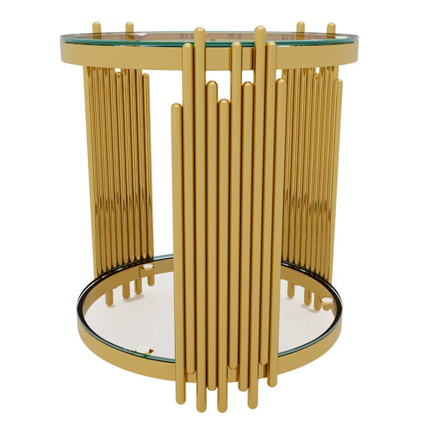 English Elm Modern Round Mirrored Glass End Table with Gold Metal Frame and Lower Display Shelf Transparent N735P380092K