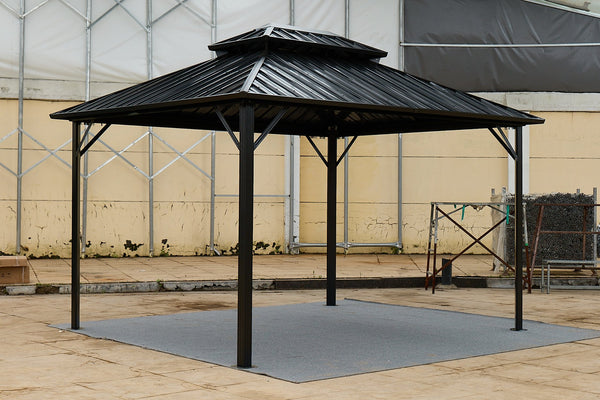 English Elm 10*10 Weatherproof Double-Roof Gazebo Pavilion Black - Galvanized Steel Hardtop, Aluminum Frame, Ventilated Design W765S00017