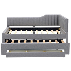 English Elm Full Upholstered Daybed with Trundle and Three Drawers, Linen-Blend Fabric, Space-Saving Guest Bed, Storage-Friendly Design Gray DL002058AAE