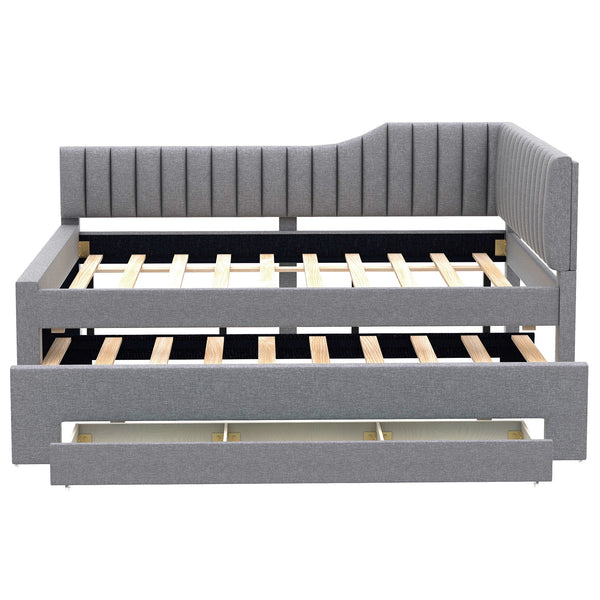 English Elm Full Upholstered Daybed with Trundle and Three Drawers, Linen-Blend Fabric, Space-Saving Guest Bed, Storage-Friendly Design Gray DL002058AAE