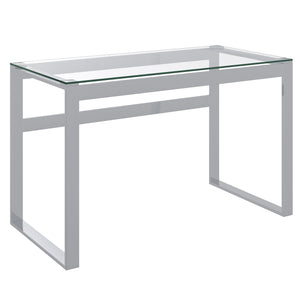 Worldwide Home Furnishings Zevon-desk-silver: Minimalist Glass & Stainless Steel Desk For A Stylish Home Office Space Silver Metal,Glass 801-408ch