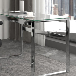 Worldwide Home Furnishings Zevon-desk-silver: Minimalist Glass & Stainless Steel Desk For A Stylish Home Office Space Silver Metal,Glass 801-408ch