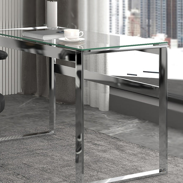 Worldwide Home Furnishings Zevon-desk-silver: Minimalist Glass & Stainless Steel Desk For A Stylish Home Office Space Silver Metal,Glass 801-408ch