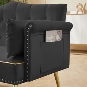 English Elm BLACK Velvet 2-Seater Sofa with Gold Metal Legs, Foam Cushions, Solid Wood Frame, Modern Luxe Design W588P165685