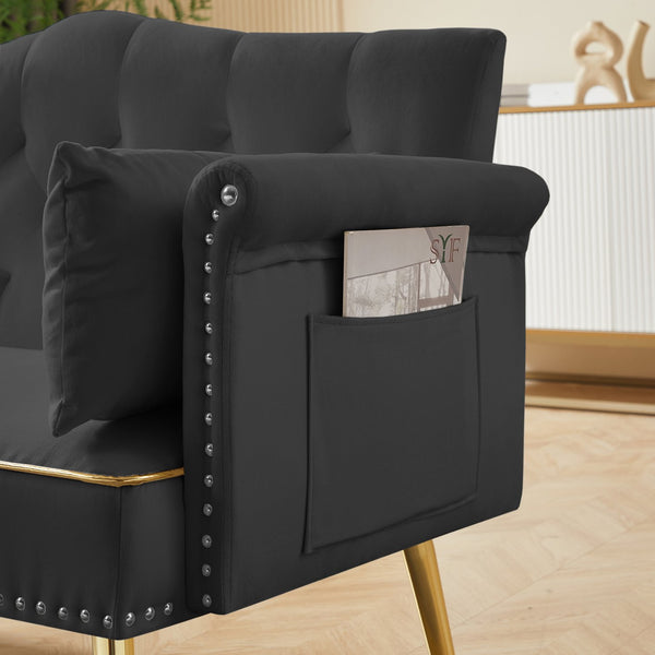 English Elm BLACK Velvet 2-Seater Sofa with Gold Metal Legs, Foam Cushions, Solid Wood Frame, Modern Luxe Design W588P165685