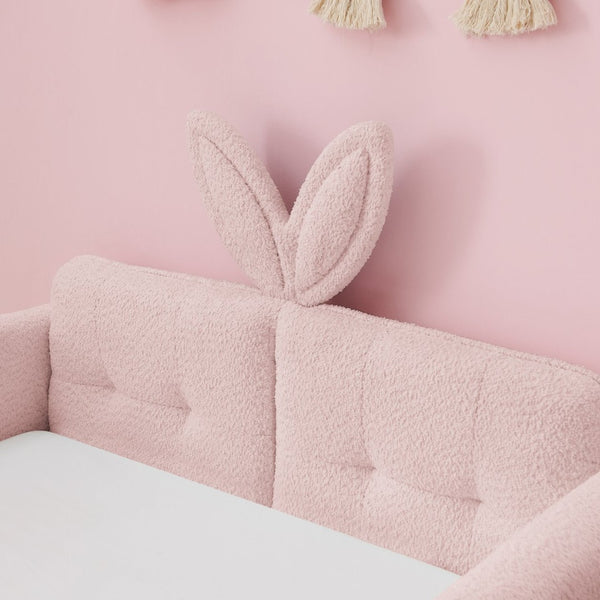 English Elm Twin Boucle Upholstered Kids Bed Whimsical Rabbit Ear Headboard with Safety Rail Pink W1413P407486