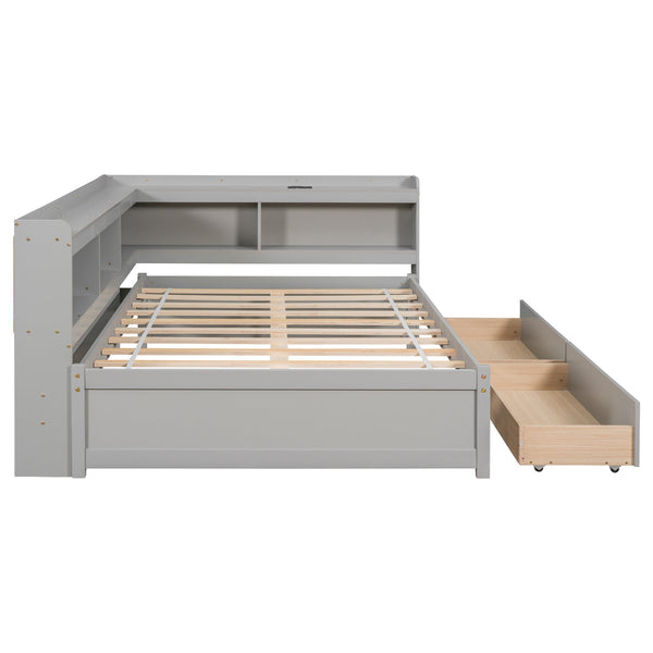 English Elm Full Size L-Shaped Bed With Bookcases, Usb Ports & Drawers - Space-Saving Grey Bedroom Solution W504S00245