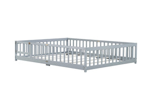 English Elm Queen Rubber Wood Floor Bed with Full Perimeter Safety Fence and Hinged Access Door Grey W504P429339