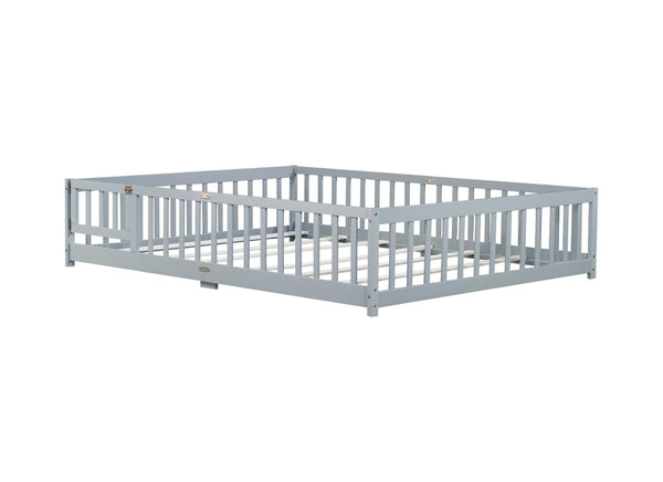 English Elm Queen Rubber Wood Floor Bed with Full Perimeter Safety Fence and Hinged Access Door Grey W504P429339
