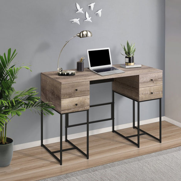 English Elm Rustic Oak 4-Drawer Writing Desk with USB Port — Spacious Storage, Metal Sled Base, Modern Rustic Appeal B062P184568