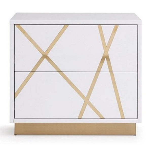 VIG Furniture Nixa Modern White And Gold Nightstand With High-Gloss Finish, Soft-Closing Drawers, Compact Glam (98) VGVCN1909-WHT-1-W