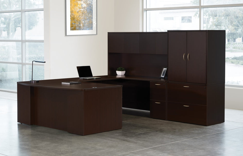 OSP Home Furnishings Napa Executive U-shaped Desk with Hutch Filing Cabinet and Spacious Work Surface Espresso NAPESP-TYP213