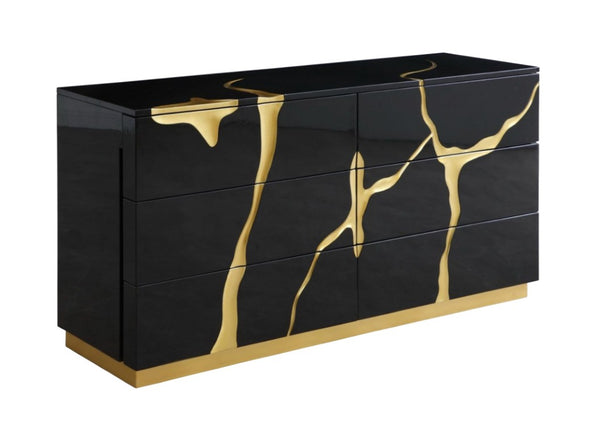 VIG Furniture Aspen High-Gloss Black Dresser With Gold Trim, 6 Soft-Close Drawers, Integrated Pulls, Modern Luxe Appeal VGVC-J1801-D-L-W