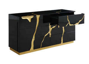 VIG Furniture Aspen High-Gloss Black Dresser With Gold Trim, 6 Soft-Close Drawers, Integrated Pulls, Modern Luxe Appeal VGVC-J1801-D-L-W