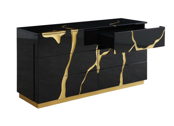 VIG Furniture Aspen High-Gloss Black Dresser With Gold Trim, 6 Soft-Close Drawers, Integrated Pulls, Modern Luxe Appeal VGVC-J1801-D-L-W