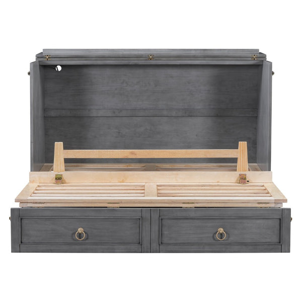 English Elm Queen Murphy Wall Bed with Rattan Panel Cabinet and Storage Drawers for Studio Rooms Gray LP000676AAE
