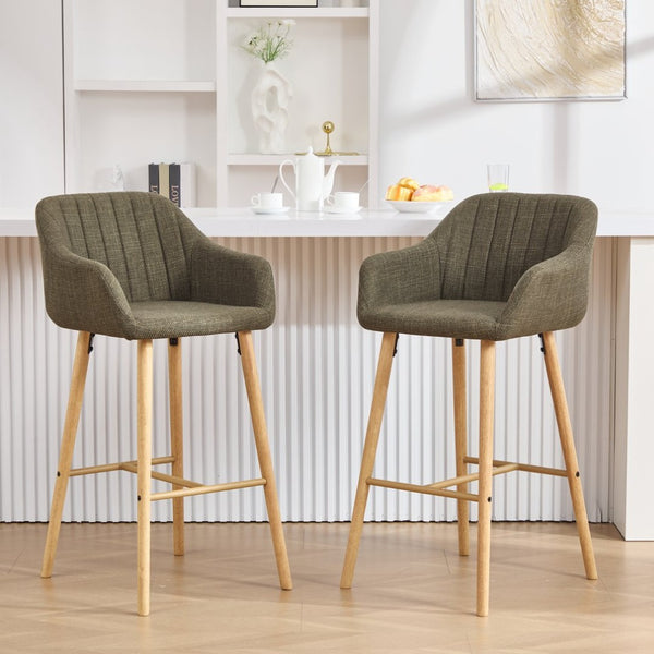 English Elm Modern Linen Upholstered Barstools with Oak Legs Armrests and Footrest for Kitchen Islands Green W395P396315