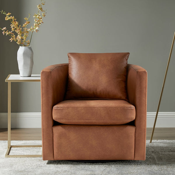 English Elm Sutton Ultra-Soft Faux Leather Swivel Barrel Chair in Brown — Stain-Resistant, Reversible Cushions, 360° Comfort B050P322591