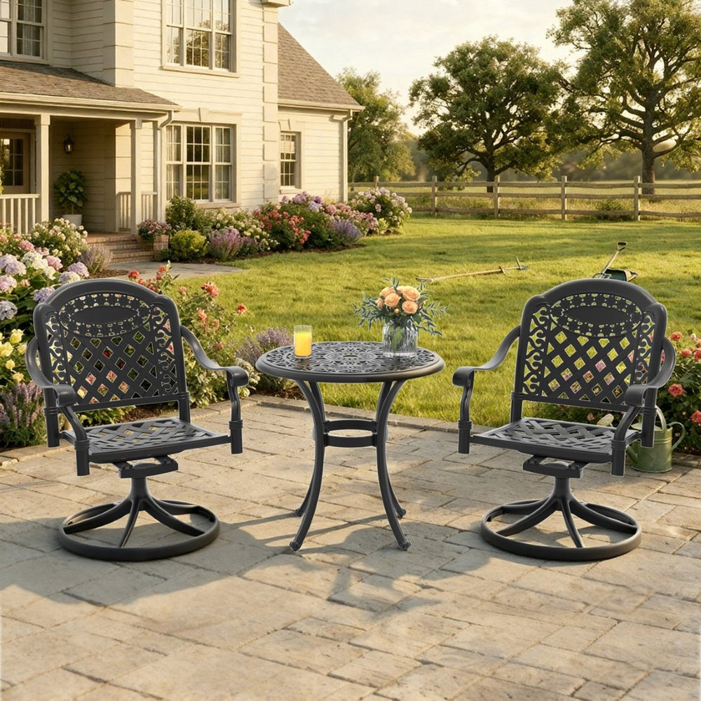 English Elm 3-piece Ornate Cast Aluminum Outdoor Bistro Set with Swivel Chairs and Round Patio Table W1710S00679