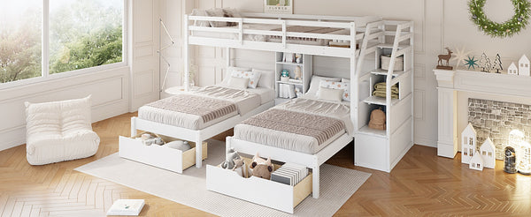 English Elm Twin Triple Bunk Bed White Pine Frame with Staircase Storage Drawers and Built Shelves GX000324AAK-1