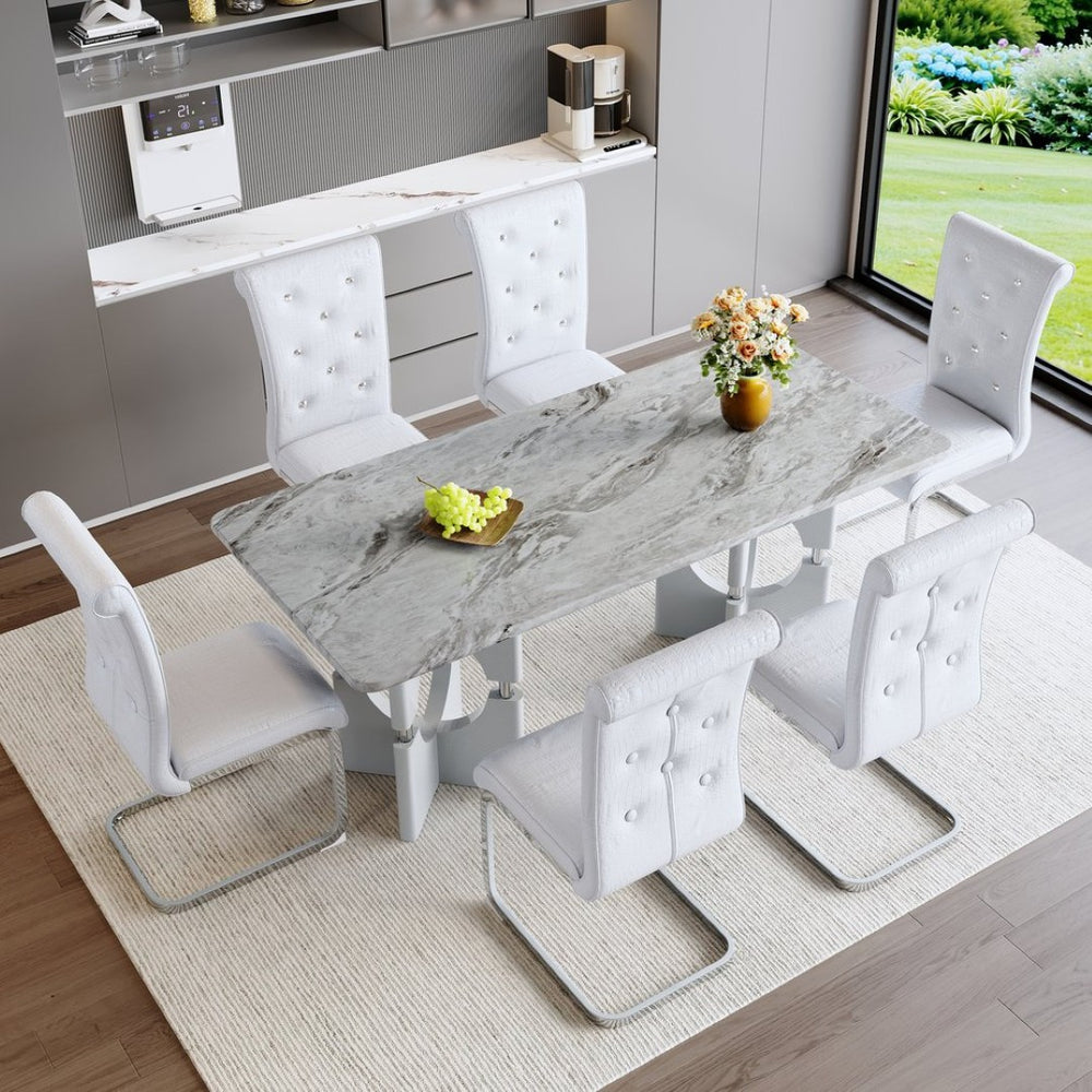 English Elm Modern White Faux Marble 7 Piece Dining Set Tufted Pvc Chairs for Kitchen Grey,White W3875S00058