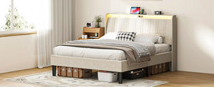English Elm Queen Platform Bed Upholstered Headboard Wooden Slats Usb Charging Ports Bedroom W2889P272596