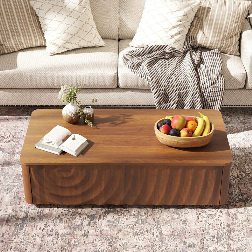English Elm 47'' Spiral Grain Coffee Table Two Drawer Storage Mid Century Farmhouse Living Room Walnut Brown W2263P412386