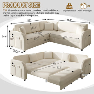 English Elm 85.1" Teddy Plush L-shaped Sectional Sleeper Sofa with Usb Ports and Pull Out Bed Beige+White W1885S00319