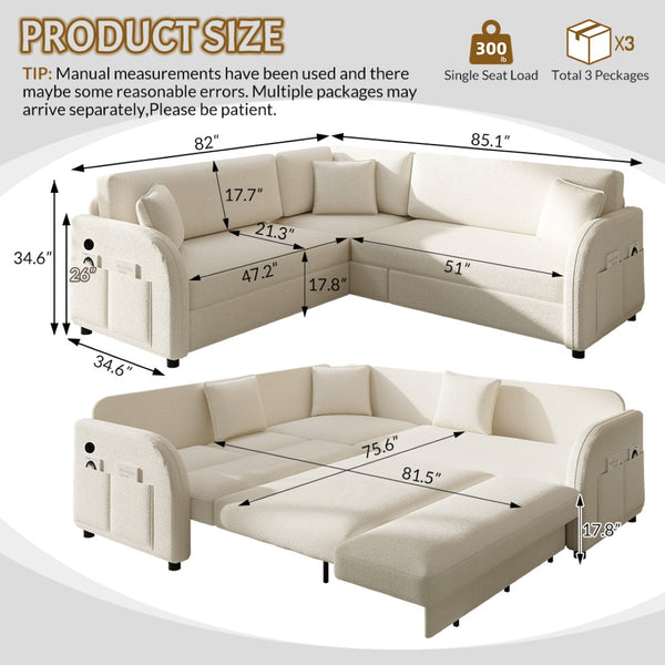 English Elm 85.1" Teddy Plush L-shaped Sectional Sleeper Sofa with Usb Ports and Pull Out Bed Beige+White W1885S00319