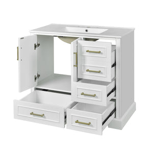 English Elm 36" Traditional Bathroom Vanity with Ceramic Sink, Solid Wood Cabinet, Soft-Close Doors & Drawers White N729P251630K