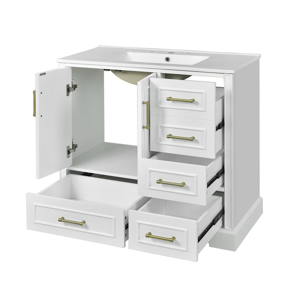 English Elm 36" Traditional Bathroom Vanity with Ceramic Sink, Solid Wood Cabinet, Soft-Close Doors & Drawers White N729P251630K