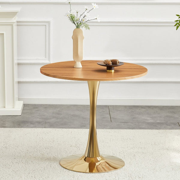 English Elm Round Faux Marble Tulip Pedestal Dining Table Mid Century Modern for Small Bistro Spaces Gold,Wood W2920P401552