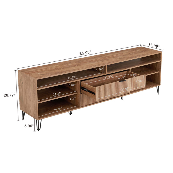 English Elm Dumbo 85" Fluted TV Stand with Gold Legs, 2 Drawers & 6 Shelves, Wire Management, Easy Snap Assembly Brown B365P397924