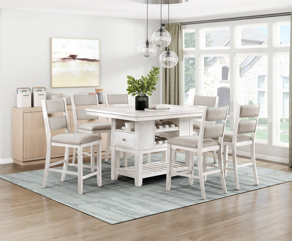 English Elm Modern Farmhouse Counter Height Dining Table with Wine Racks Drawers Antique White B011S02060