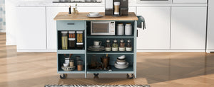 English Elm K&K Kitchen Island with Foldable Countertop, Spacious Mobile Storage Cart, Soft-Close Doors, Durable Rubberwood Top and Locking Wheels Grey-Blue N707P173036G