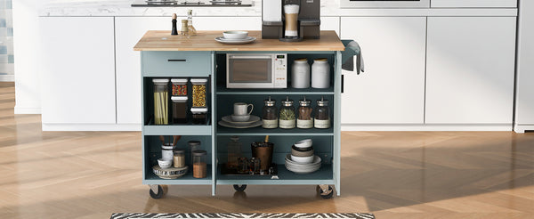 English Elm K&K Kitchen Island with Foldable Countertop, Spacious Mobile Storage Cart, Soft-Close Doors, Durable Rubberwood Top and Locking Wheels Grey-Blue N707P173036G