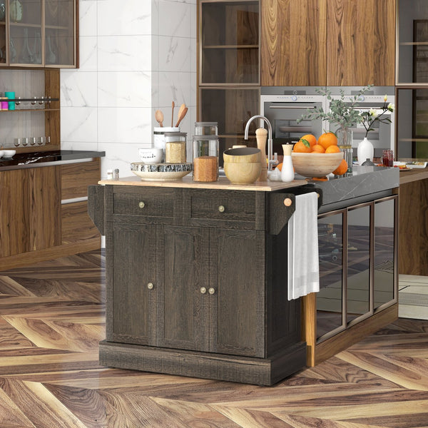 English Elm HOMCOM Butcher Block Kitchen Island on Wheels with 3 Cabinets, Drawers, Towel & Spice Rack, Brown W2225P217420
