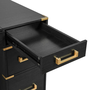 English Elm 70" Executive Writing Desk with Gold Metal Trim Seven Drawers and Built-in Power Outlets N751S376579B