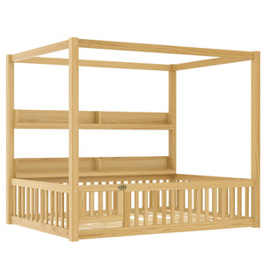 English Elm Full House Floor Bed with Door and Guardrails for Kids, Solid Wood Double Full, Safe Play Nook Natural W1580P359334