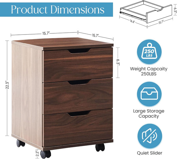 English Elm 3-Drawer Mobile Filing Cabinet with Lockable Casters, Durable Waterproof Wood Grain Organizer for Office Brown T3623P380703