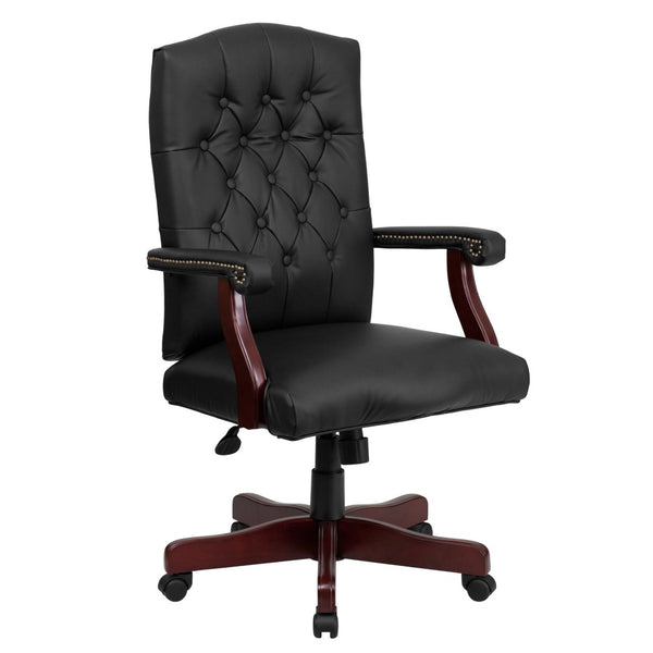 English Elm Martha Executive Swivel Chair – Classic Tufted Design with Ergonomic Comfort for Professional Workspaces Black LeatherSoft/Mahogany Frame 801L-LF0005-BK-LEA-GG