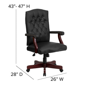 English Elm Martha Executive Swivel Chair – Classic Tufted Design with Ergonomic Comfort for Professional Workspaces Black LeatherSoft/Mahogany Frame 801L-LF0005-BK-LEA-GG