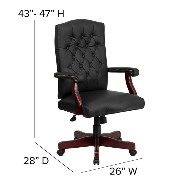 English Elm Martha Executive Swivel Chair – Classic Tufted Design with Ergonomic Comfort for Professional Workspaces Black LeatherSoft/Mahogany Frame 801L-LF0005-BK-LEA-GG