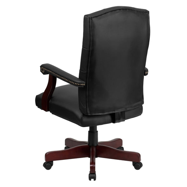 English Elm Martha Executive Swivel Chair – Classic Tufted Design with Ergonomic Comfort for Professional Workspaces Black LeatherSoft/Mahogany Frame 801L-LF0005-BK-LEA-GG