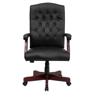 English Elm Martha Executive Swivel Chair – Classic Tufted Design with Ergonomic Comfort for Professional Workspaces Black LeatherSoft/Mahogany Frame 801L-LF0005-BK-LEA-GG