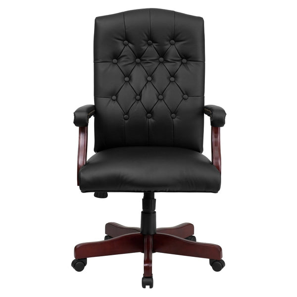 English Elm Martha Executive Swivel Chair – Classic Tufted Design with Ergonomic Comfort for Professional Workspaces Black LeatherSoft/Mahogany Frame 801L-LF0005-BK-LEA-GG