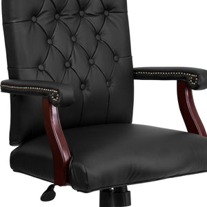 English Elm Martha Executive Swivel Chair – Classic Tufted Design with Ergonomic Comfort for Professional Workspaces Black LeatherSoft/Mahogany Frame 801L-LF0005-BK-LEA-GG