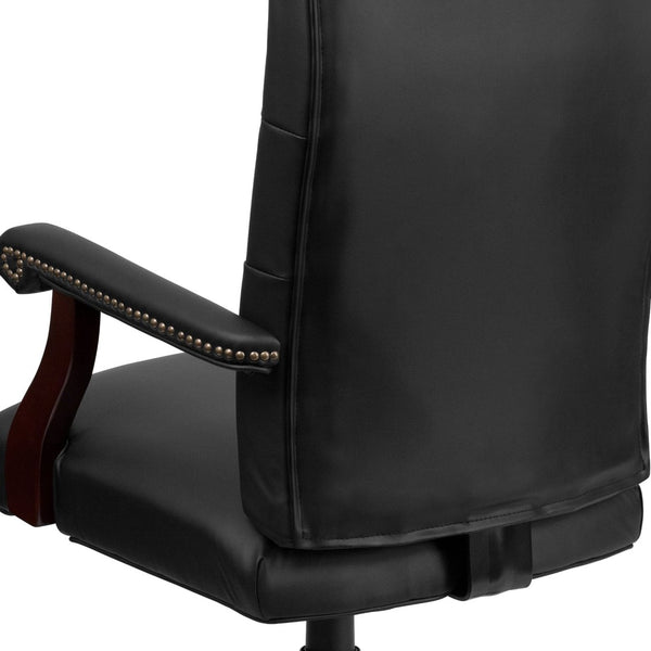 English Elm Martha Executive Swivel Chair – Classic Tufted Design with Ergonomic Comfort for Professional Workspaces Black LeatherSoft/Mahogany Frame 801L-LF0005-BK-LEA-GG