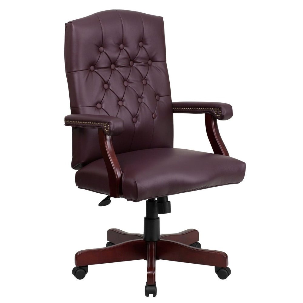 English Elm Martha Executive Swivel Chair – Classic Tufted Design with Ergonomic Comfort for Professional Workspaces Burgundy LeatherSoft/Mahogany Frame 801L-LF0019-BY-LEA-GG